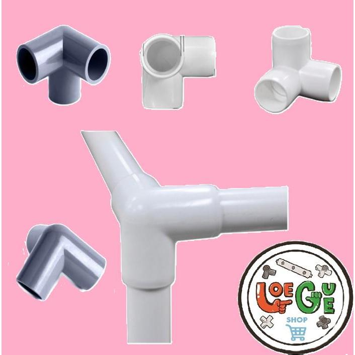 "New" Ioegue Sambungan Konektor Fitting Tee Pipa PVC 3 Way Arah 1 Inch Abu2 & Putih Grosir untuk Rak