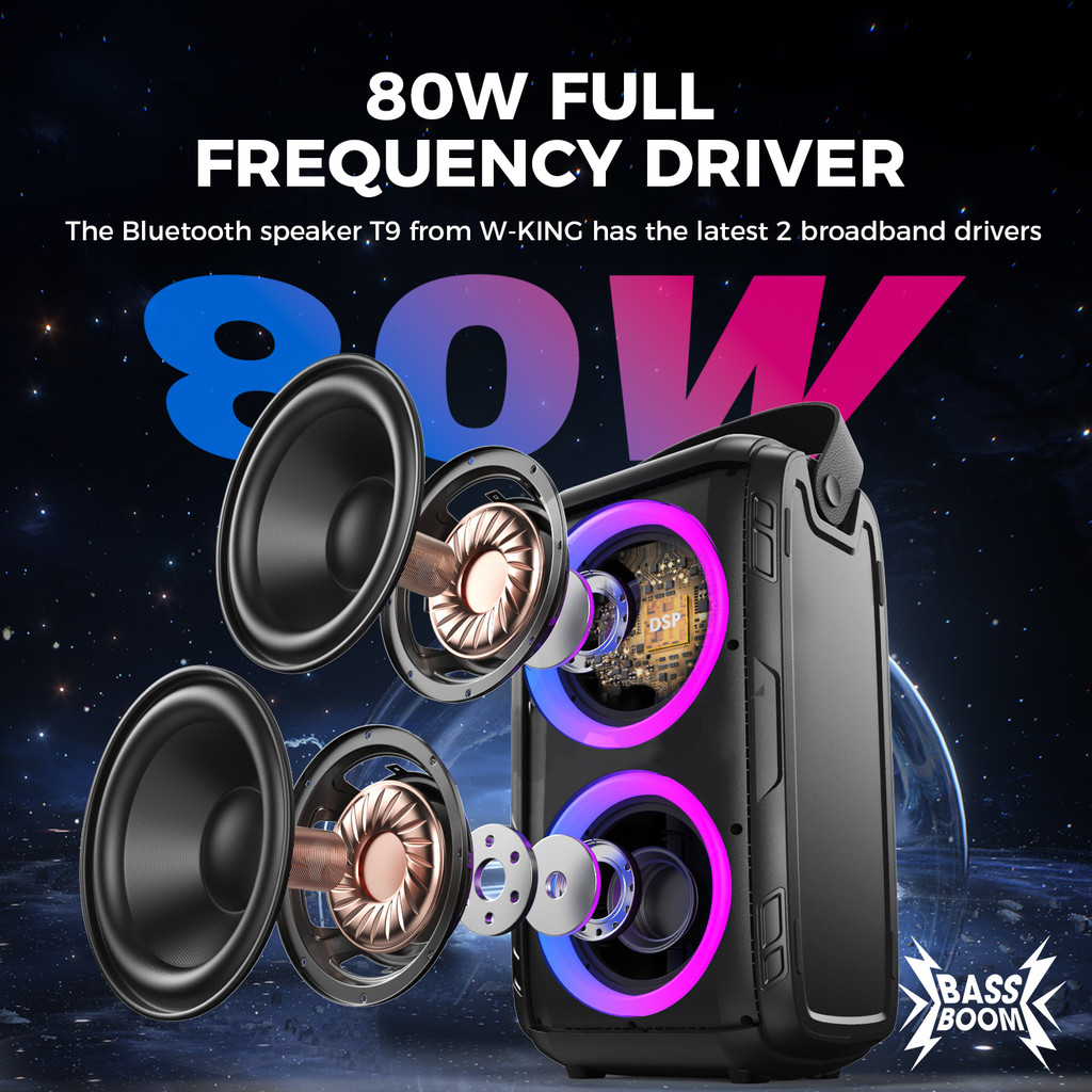 W-KING T9 80W RMS (180W PEAK) Portable Bluetooth Speaker Wireless Boombox 2 Full Range Drivers/Deep