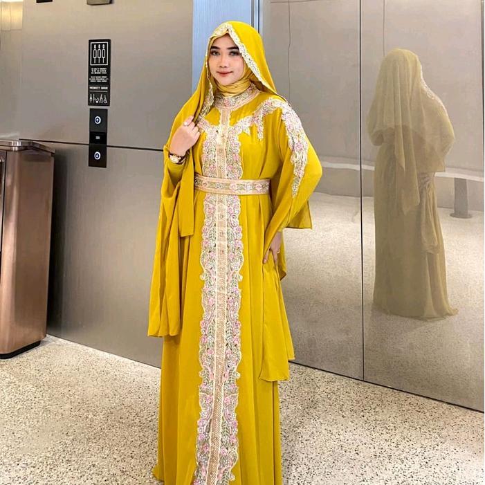 Ayjona - Kaftan Amberlee Bordir Full Colour - Set Inner Gamis Pashmina Dan Belt - Kaftan Dress Mewah