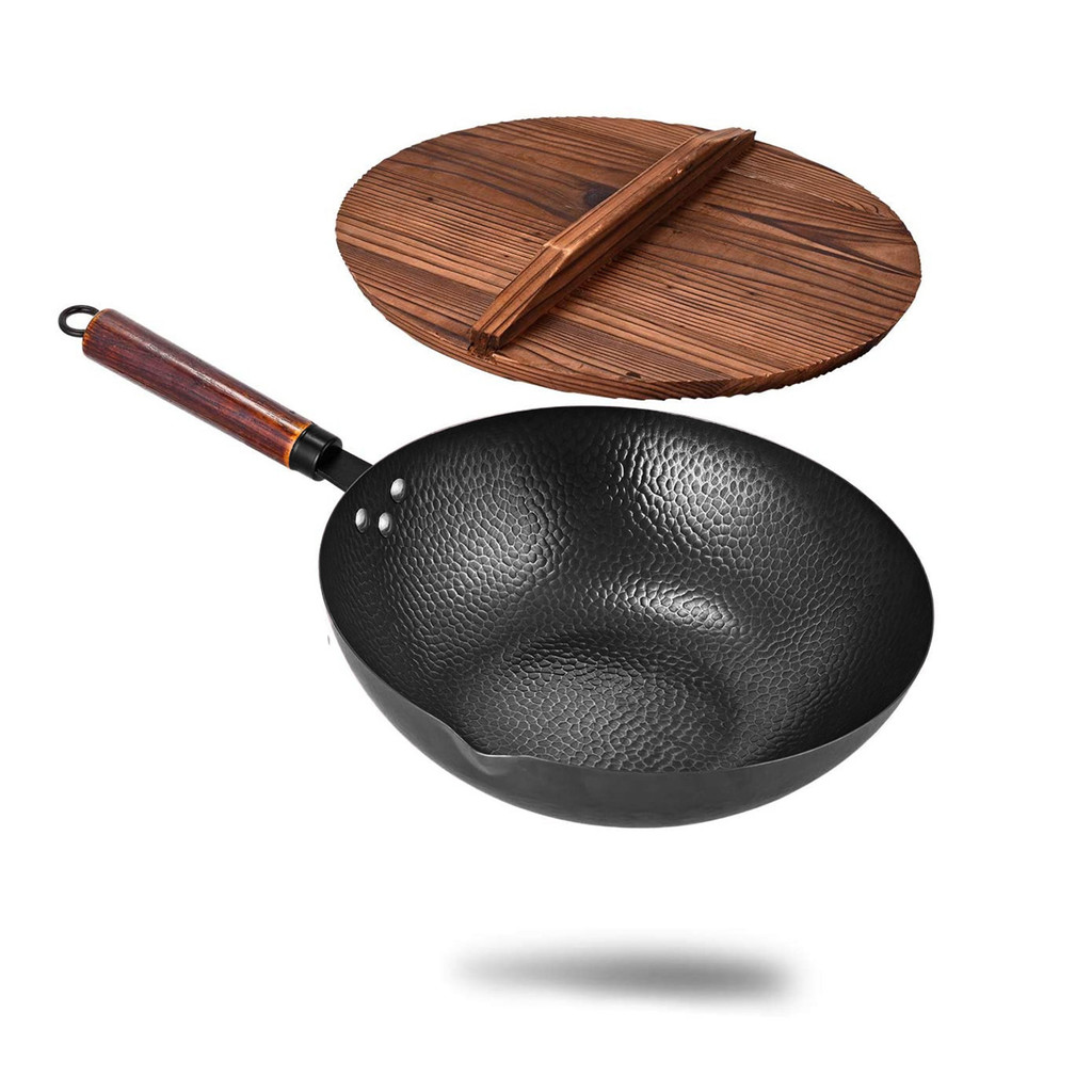 Non-stick Pan Kitchen Set Handmade Wok Traditional Forged Uncoated Carbon Steel Wok Pan With Wooden 