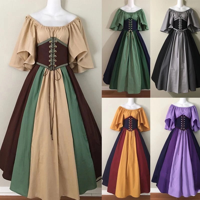 European Medieval Contrast Color Stitching Flying Sleeves Court Fancy Vintage Queen Elegant Dress