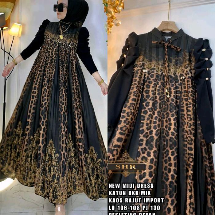 Ready Kode Midi Dress Motif Macan By Shr Muslim Wanita Lebaran Terbaru 