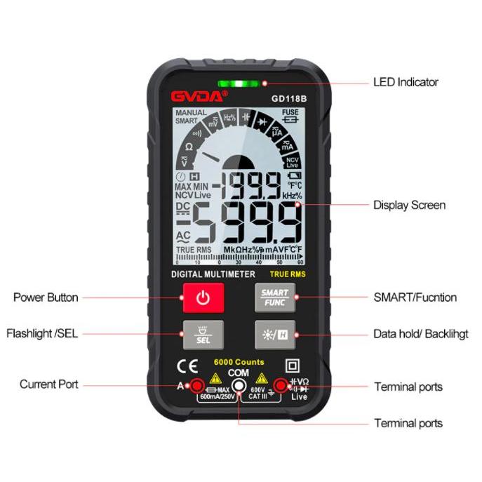 Hot Sale Gvda Digital Multimeter 600V Rms Ac Dc Ohm Capacitance Tester