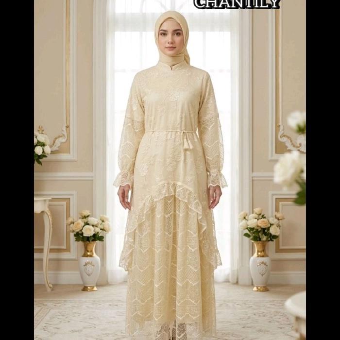 gamis bini orang bahan katun tencel warna butter yellow baju lebaran gamis lebaran ivory
