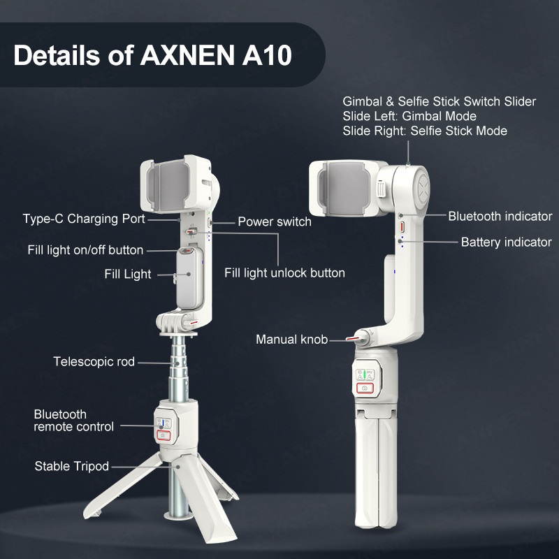 AXNEN A10 Handheld Gimbal Smartphone Stabilizer with Fill Light Extension Rod Remote Cellphone