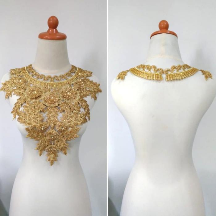 Renda Bordir Kerah Melingkar Full Payet - Emas