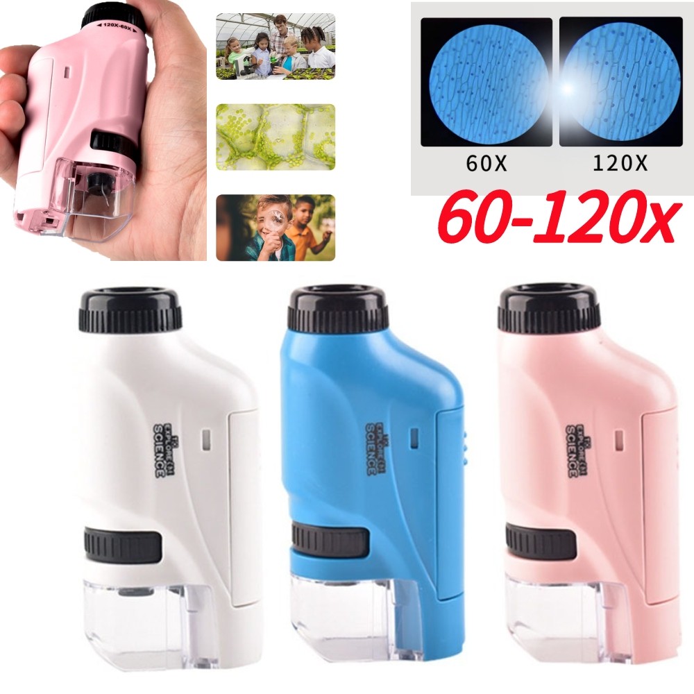 Kit Mikroskop Saku Mini 60-120x Mikroskop Genggam Lab Mikroskop Bertenaga Baterai dengan Lampu LED M
