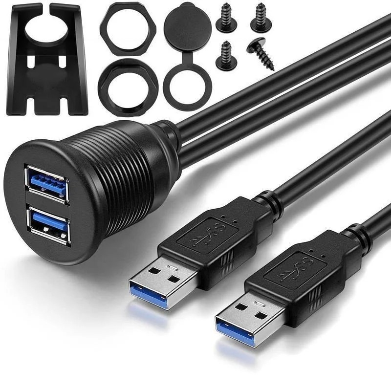 Dual USB 3.0 Male To USB 3.0 Female Extension Cable with Flush Mount Panel for Car Truck Boat