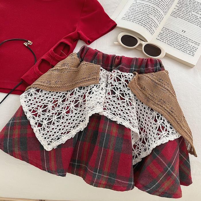 Ryuta Setelan Rok Celana Anak Perempuan 1-10 Tahun/ Rok Rajut Merah Kotak Anak Terpercaya