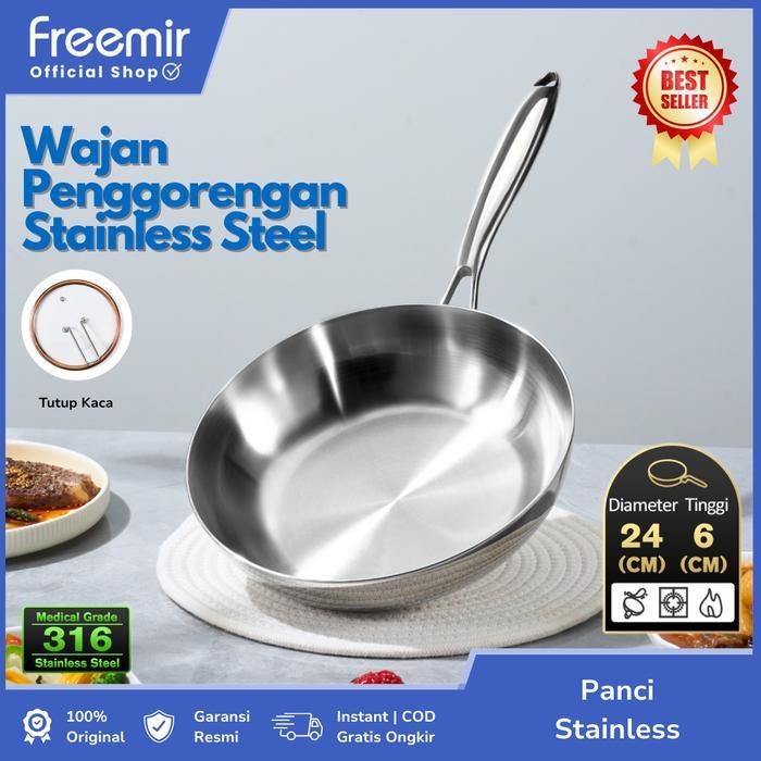 freemir Bundle Teflon Tanpa Coating Lebih Sehat 24 cm Stainless 316 + Tutup Kaca Stainless Anti