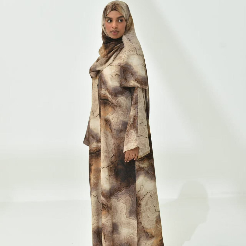 Luxury Dubai Open Abaya with Hijab 2pcs Set Ice Silk Wrinkle Printed Cardigan Muslim Abayas for
