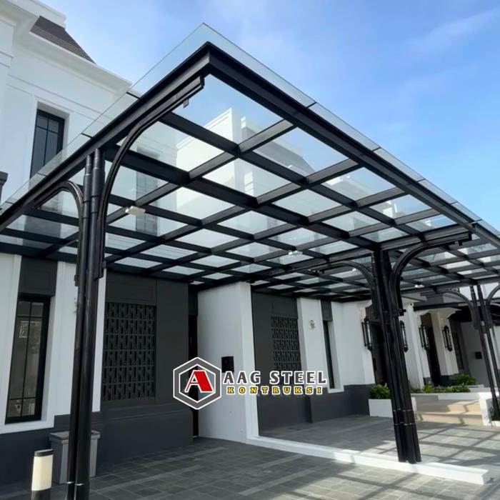 AAG Steel Kanopi Kaca Tempered 8mm Rangka Holo Tiang WF150 Baja Besi Transparan Kuat Tahan Lama
