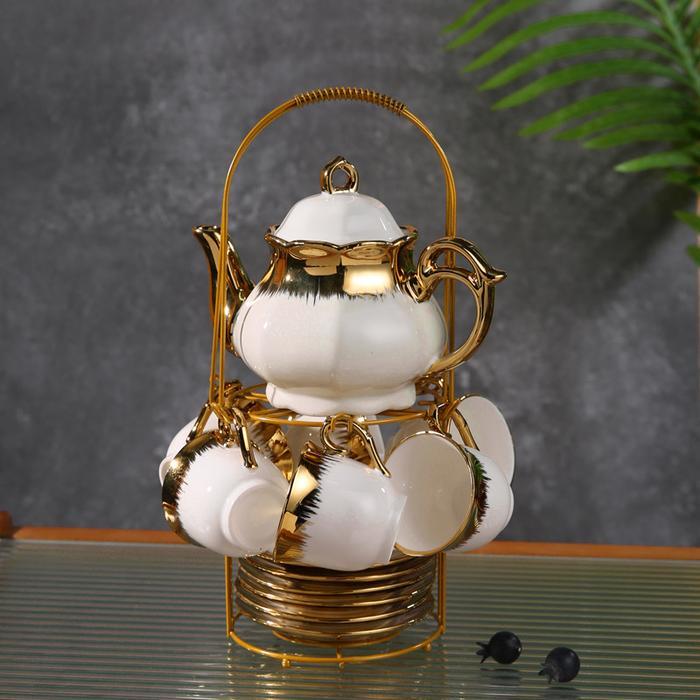 Set Teko & Cangkir Keramik 1 Teko 6 Cangkir + Tatakan Desain Eropa Elegan Putih Gold, Kapasitas