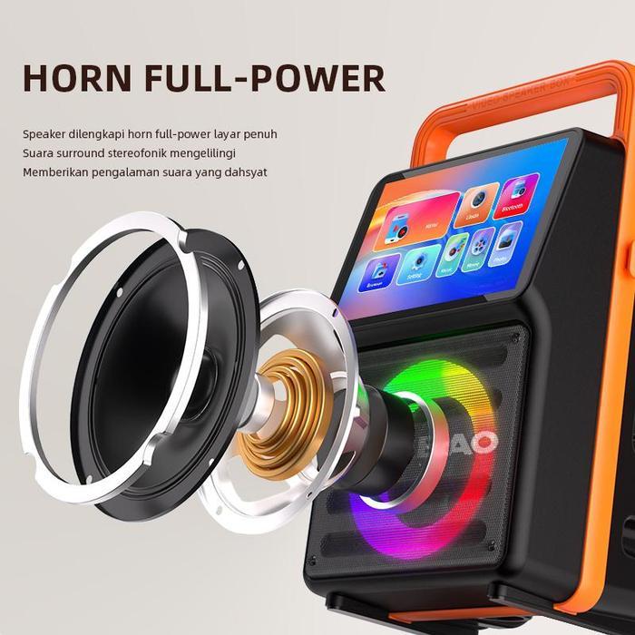 HUABAO A51 Karaoke Speaker Bluetooth 2 Mic Portable Party Monitor Screen Layar USB Video MP4 Player