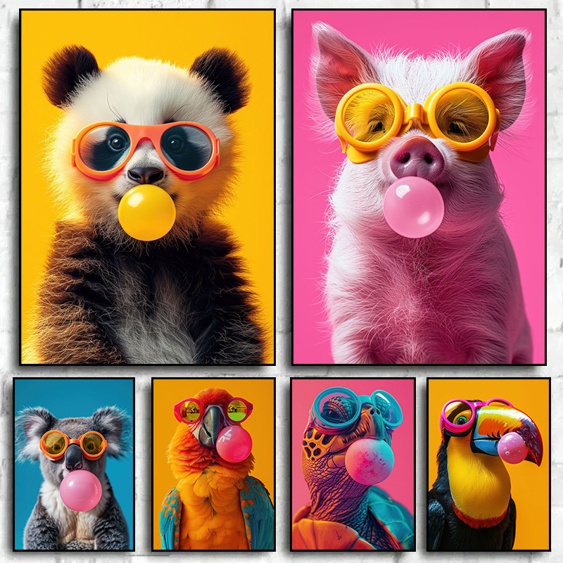 Colorful Animals Bubblegum Canvas Print Poster Cute Animals Cartoon Wall Art Painting Ern Home