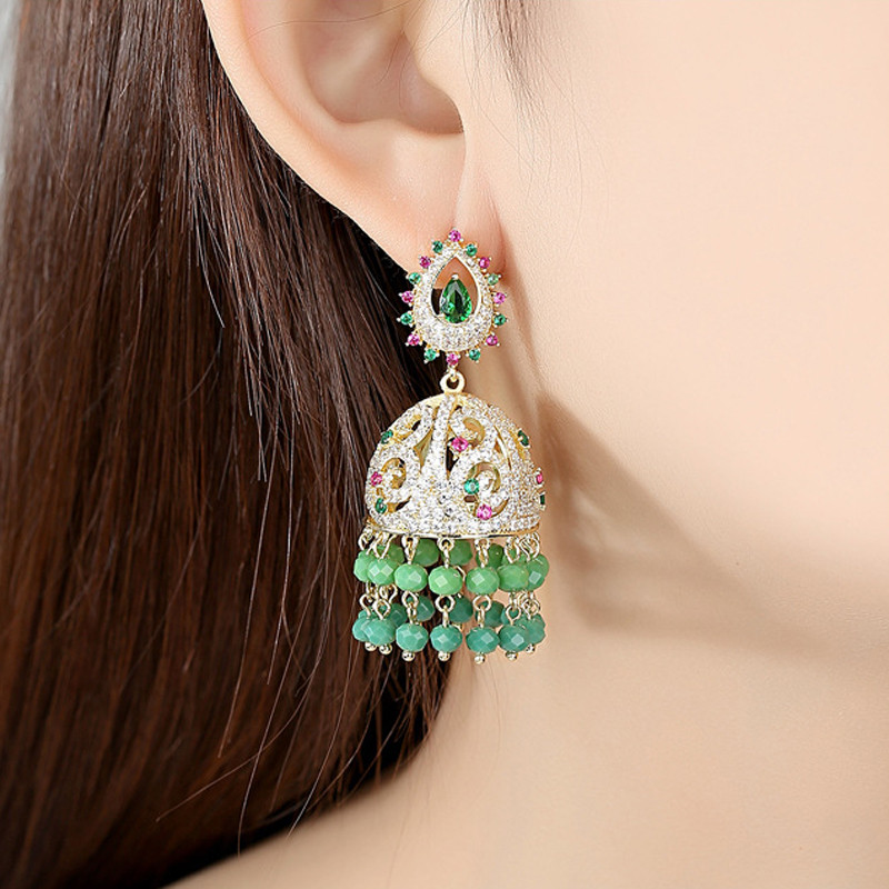 Indian Jhumka Earrings Retro Ethnic Gypsy Beads Bells Drop Earrings Fashion Women Rhinestone Crystal