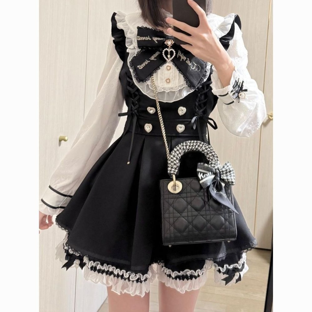 Y2K Japanese Sweet Lace Trim Dress Jirai Kei Yami Kawaii Academia Style Bow Ruffle Hem Slim Fit