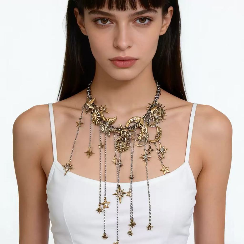 Exaggerated Multi-layer Moon Pentagram Sun Tassel Pendant Necklace