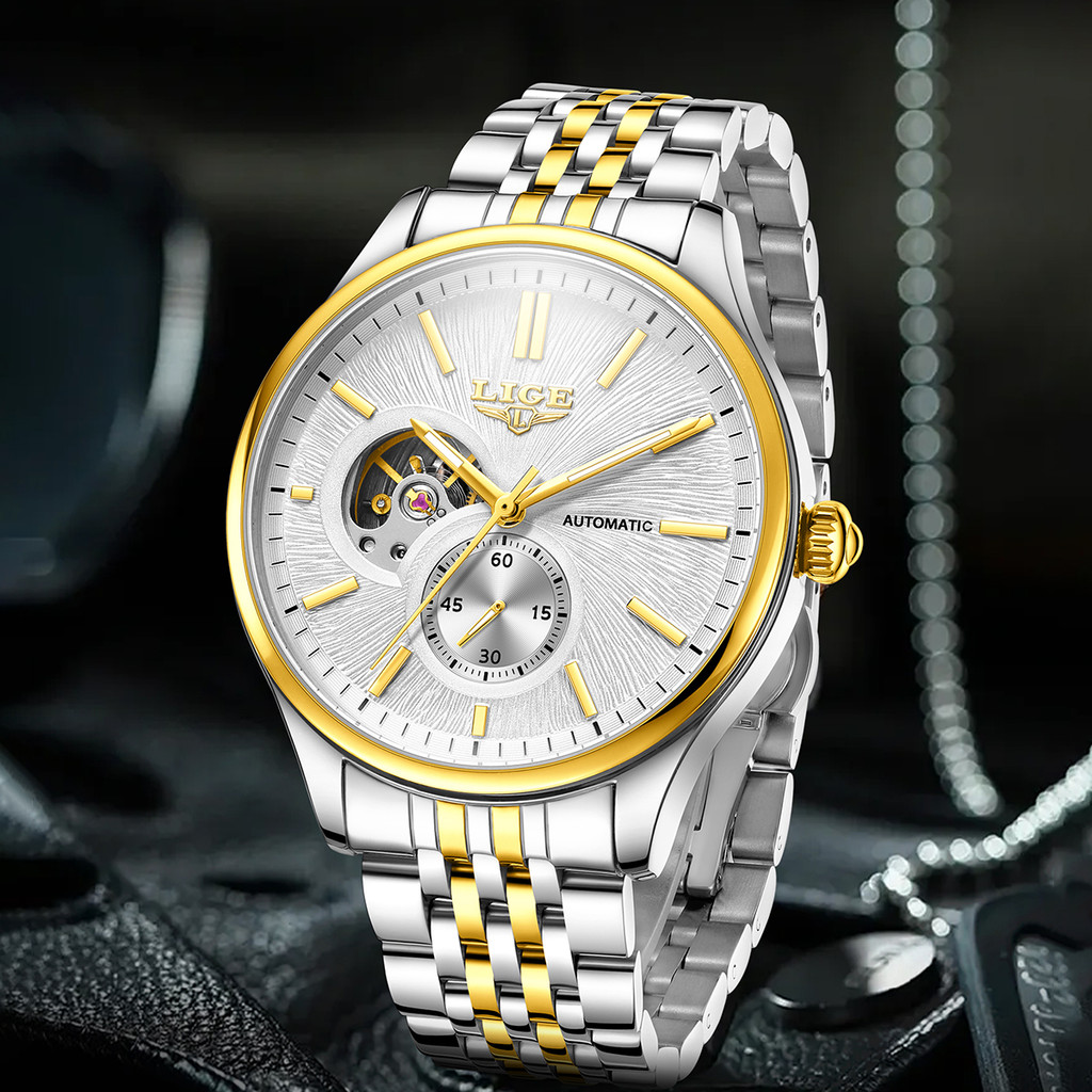 NEW LIGE MEN WATCH ORIGINAL ARCHED GLASS HOLLOWED MECHANICAL MENS WATCHES WATERPROOF MINIMALIST