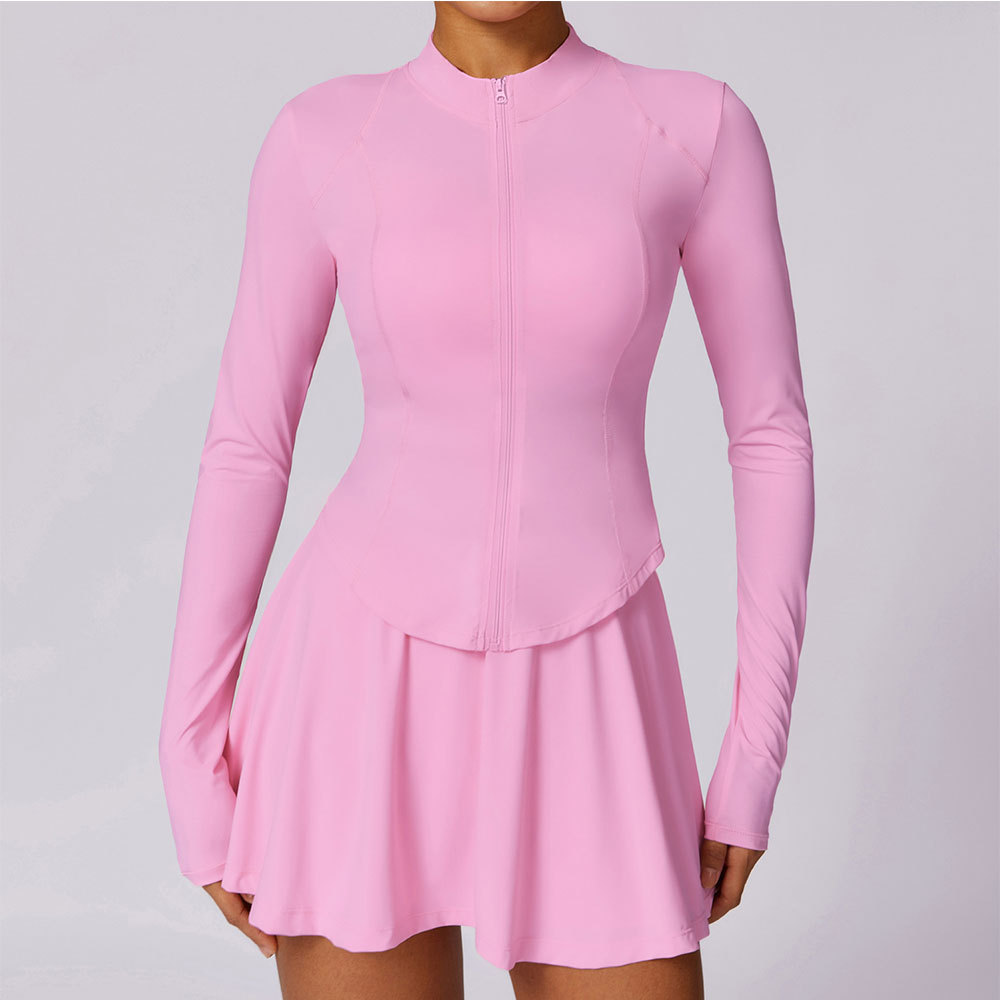 2Pcs Women Yoga Set Gym Set Zipper Long Sleeves Sports Skirt Workout Running Clothing Gym Wear