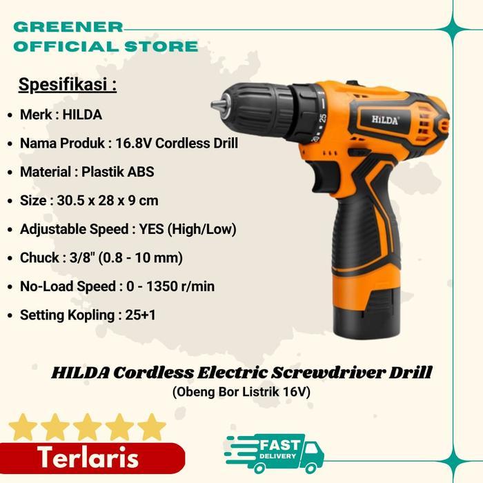 Hilda Cordless Electric Screwdriver Drill Obeng Bor Listrik 16V