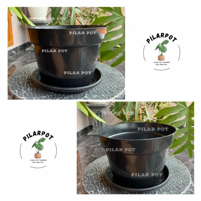 pot bunga plastik hitam 20cm +tatakan bawah