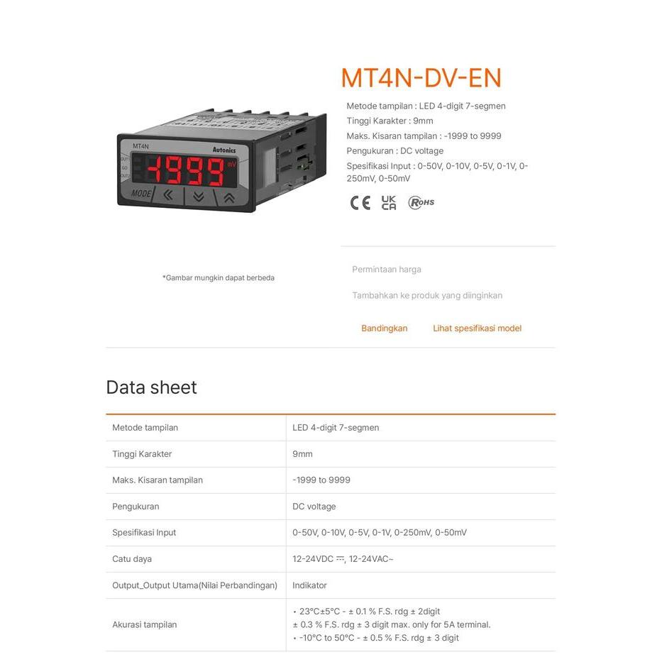 AUTONICS PANEL METER AUTONICS MT4N-DV-EN LED 4-DIGIT 7-SEGMEN TINGGI KARAKTER 9MM DC VOLTAGE METER