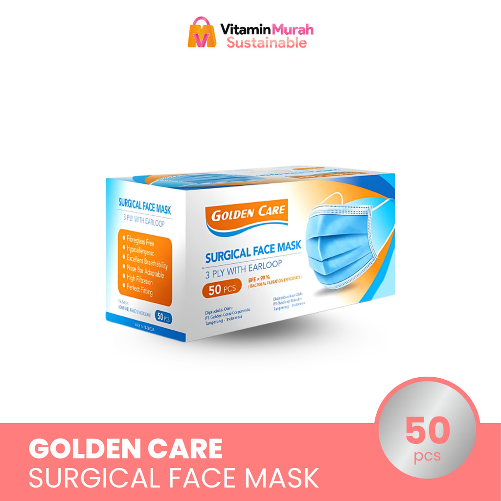 MASKER GOLDEN CARE 3 PLY WITH EARLOOP BFE 99 % 1 BOX ISI 50 PCS