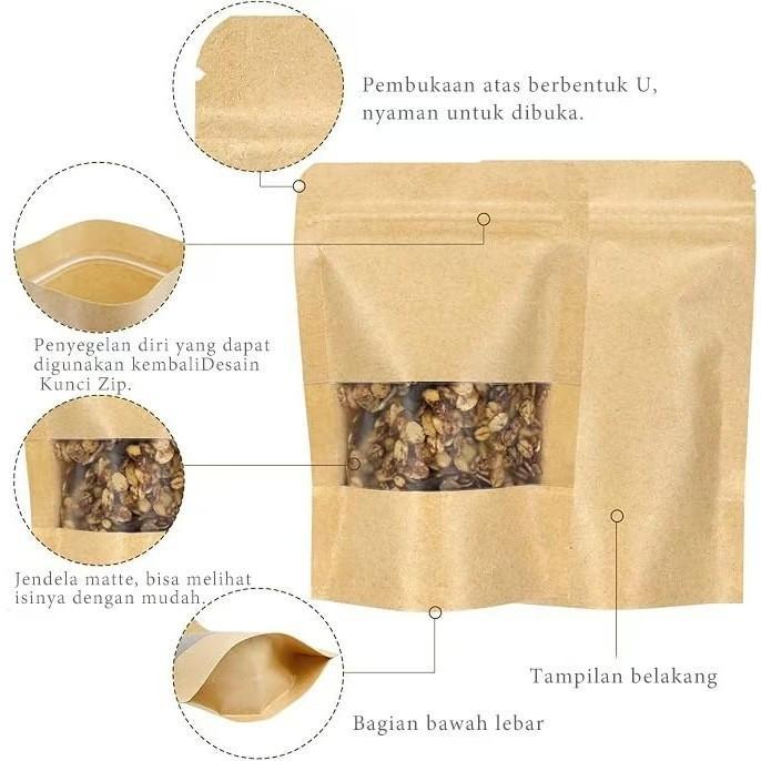 100Pcs Standing Pouch Kraft Paper Ziplock/Standing Pouch Kraft Paper Window Warna Coklat/Resealable