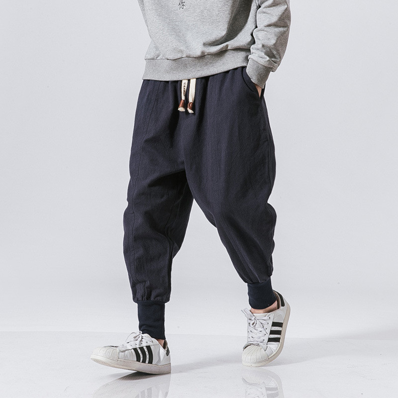 Cotton Linen Harem Pants Men Solid Elastic Waist Streetwear Joggers 2024 New Baggy Drop-crotch Pants