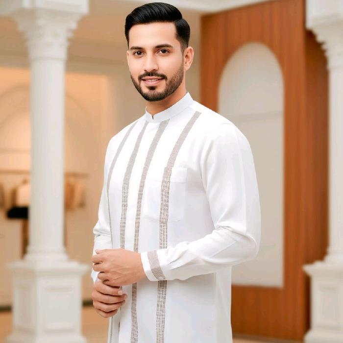 Baju Koko Putih Dewasa Katun India Motif Salur Muslim