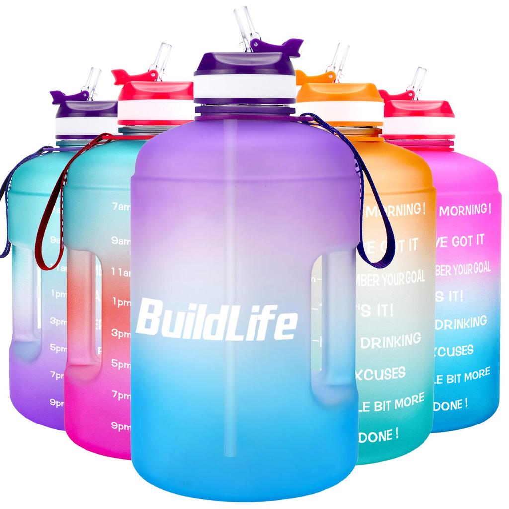 BuildLife 1 Gallon Water Bottle with Straw Time Marker 3.78L 2.2L 1.3L BPA Free Plastic Large Capaci