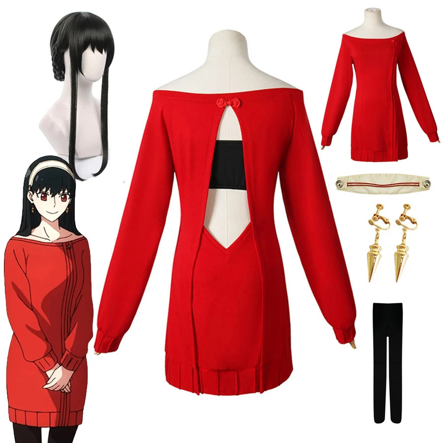 Anime Spy X Family Cosplay Yor Forger Cosplay Costume Women Casual Red Sweater Dress Suit Yor Braid