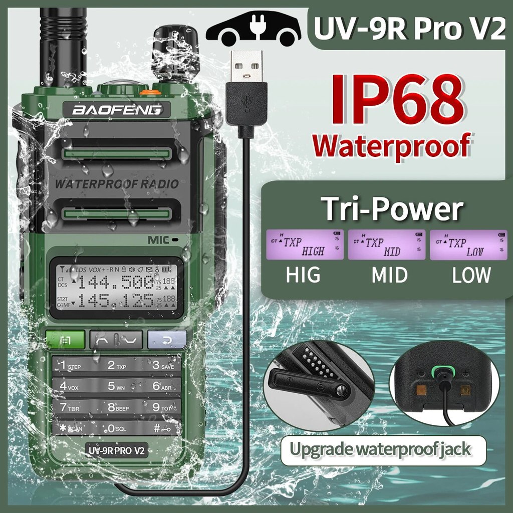 Baofeng 9R Pro V2 Ip68 Waterproof Walkie Talkie Tri-Power Type-C Charger Dual Band Ham Cb Radio Two