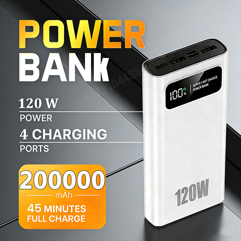 200000Mah Power Bank 120W Super Fast Charging Portable External Battery With Digital Display For