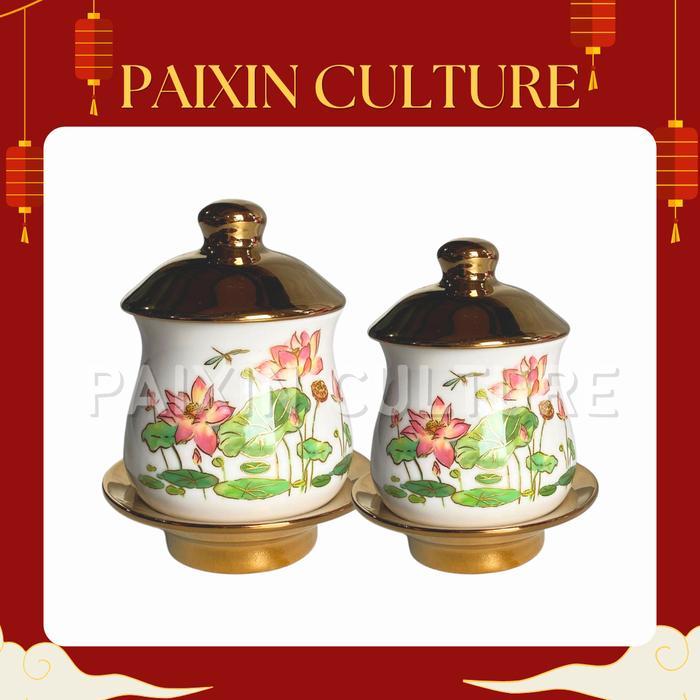 Cangkir Keramik Altar Sembahyang / Cangkir Keramik Putih Motif Teratai / Lianhua Pink ada tutup dan