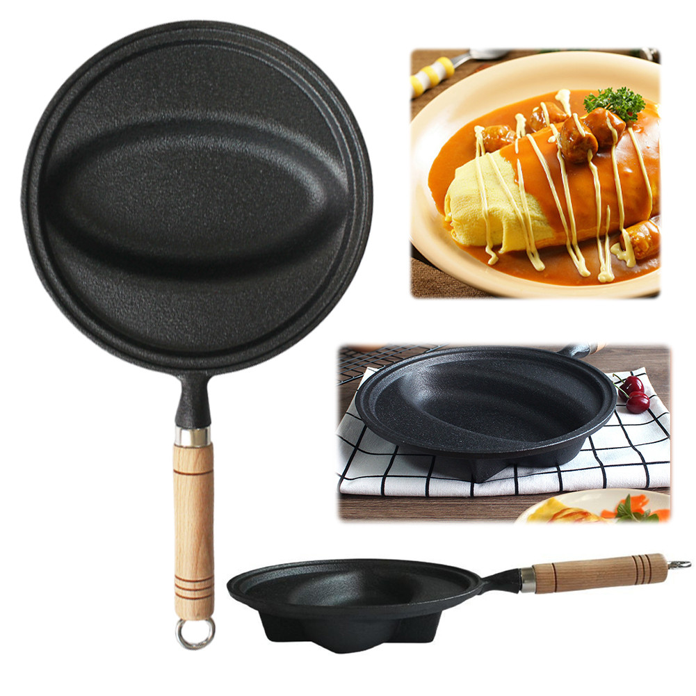 Omurice Cooking Pot with Wood Handle Pancake Mold Skillet Pan Non-Stick Omelette Egg Pot Anti-Scald