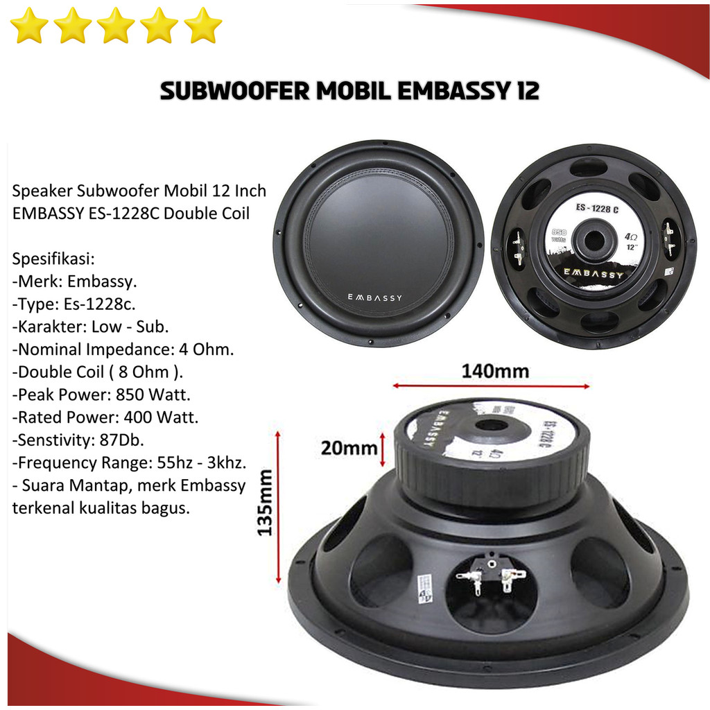 Speaker Mobil Subwoofer 12 Inch Embassy ES-1228C Hitam