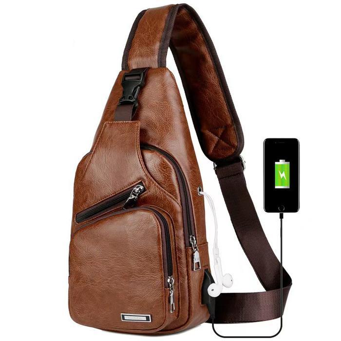 Selempang Kulit Pria Tas Hp/Tas Dada Usb/Sling Bag Usb Kulit/ Tas Pinggang waistbag casual wesbek