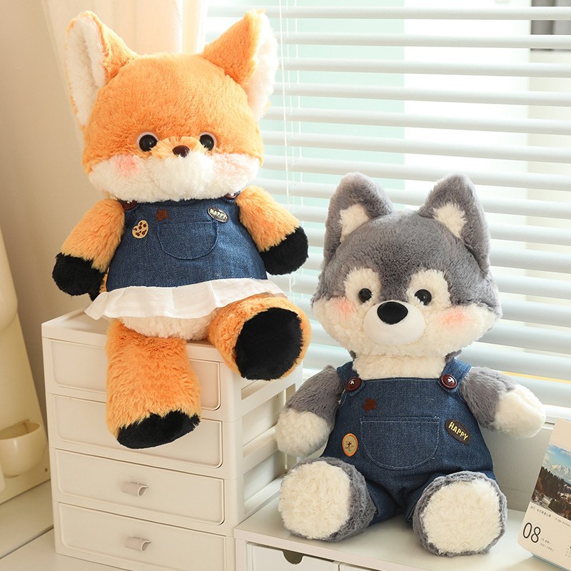50cm Standing Fox/Wolf Plush Toys With Long Legs Soft Fluffy Fox Wolf Doll Wearing Jeans Dresses