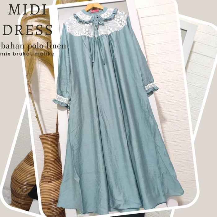 Fashion Wanita Midi Dress Muslim Terbaru Bahan Polo Linen Premium Maxi Brokat Malika Simpel Elegant