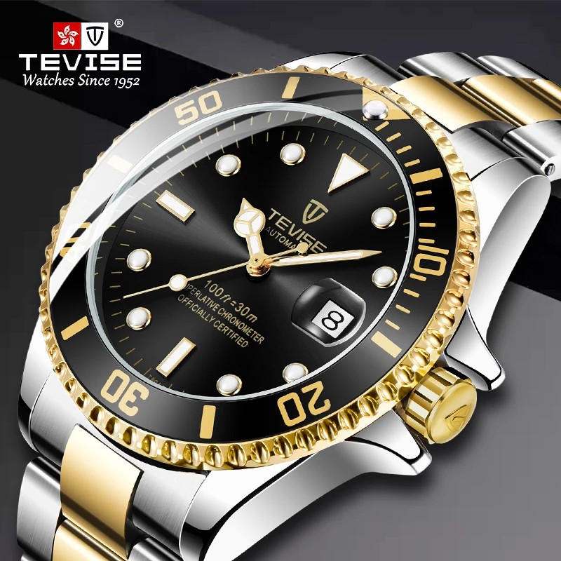 Luxury Brand Automatic Wrist Watches Tevise Stainless Steel Date Calendar Watch Diver Waterproof