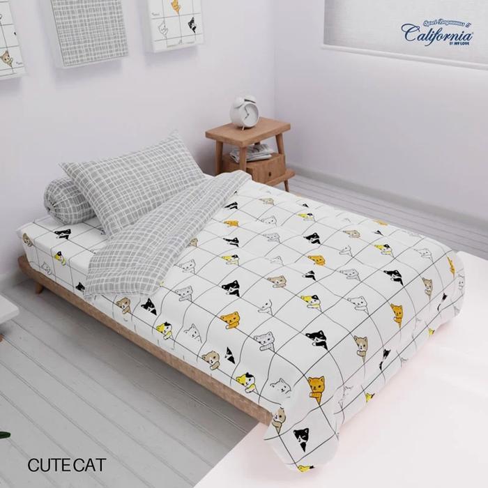 California-Sprei anak single 90x200/100x200/120x200 motif cute cat/kucing putih abu abu