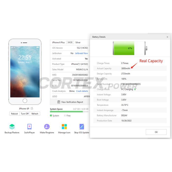 CORTEX POWER - BATERAI IPHONE 6PLUS / 6+ / 6P DOUBLE POWER IC HIGH & REAL CAPACITY BATRE BATRAI