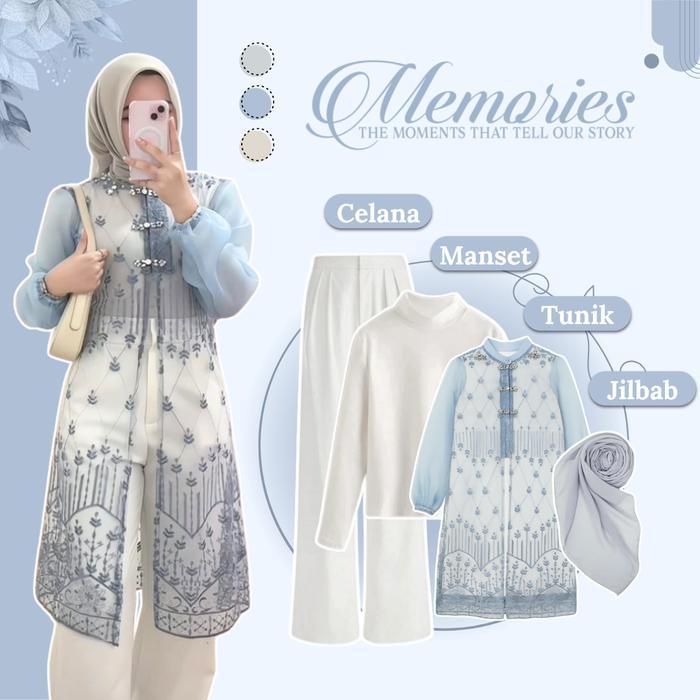 PREMIUM One Set Elsa Wanita Kekinian 4in1 (Tunik Brokat Denim - Manset - Celana Kulot - Jilbab)
