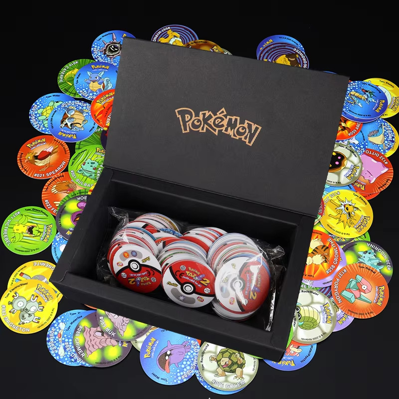 1Box 3D Round Pokemon Tazos 1/2/3 Generation Strokes Album Trainer Pikachu Eevee Anime Collection