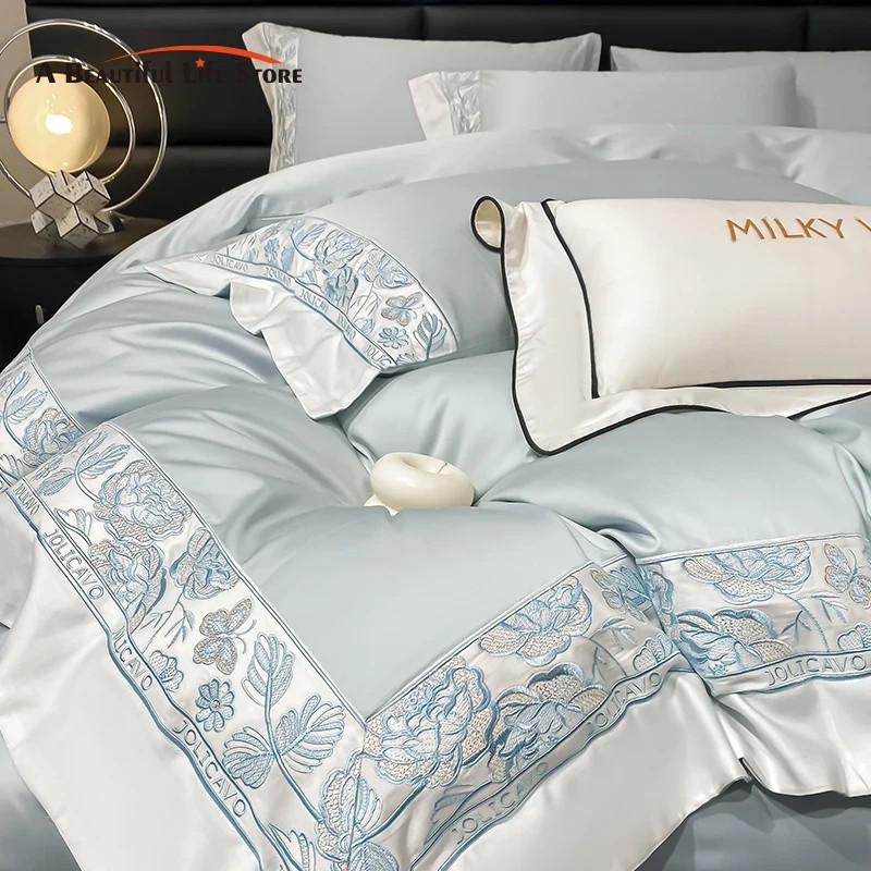 Egyptian Cotton Bedding Set Luxury Rose Butterfly Embroidery Det Cover Set Bed Sheet Pillowcases Bed