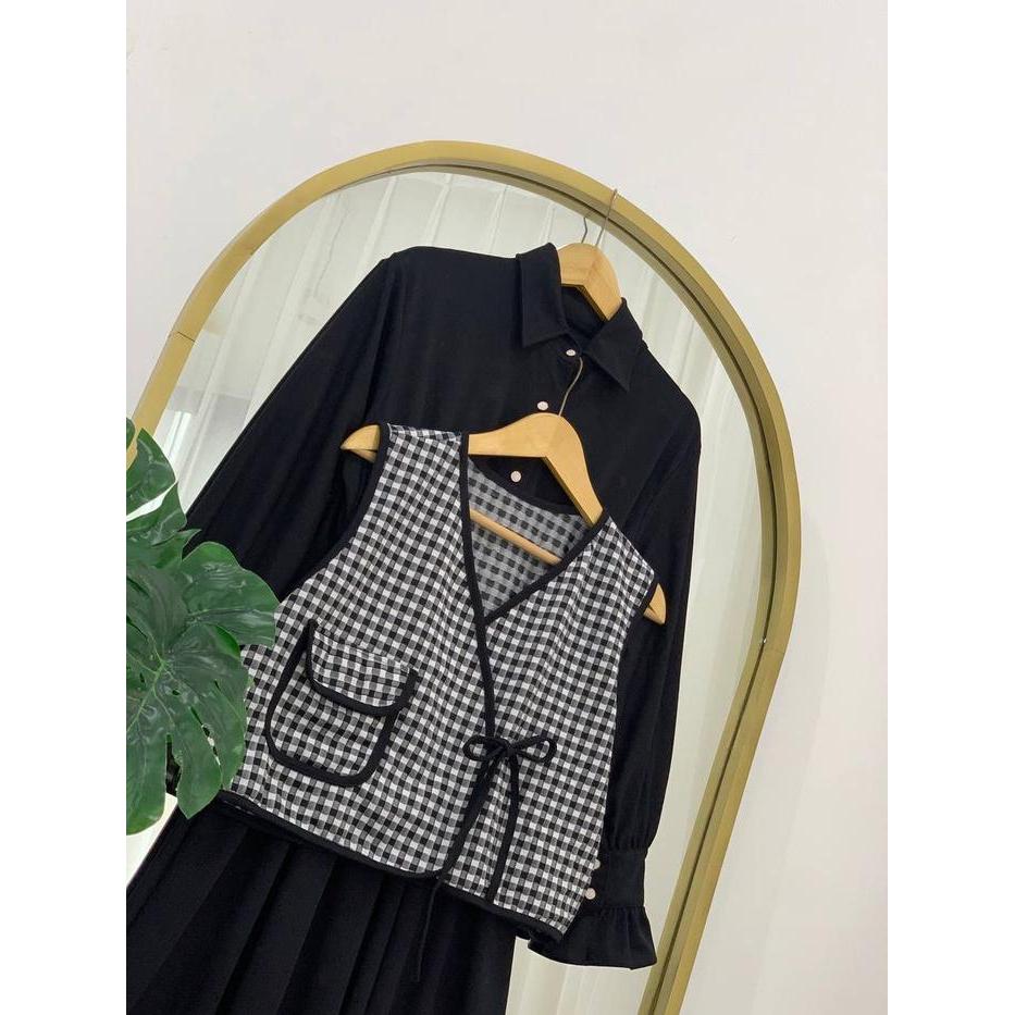 "New" READY STOCK Yoona Dress Gamis Wanita Muslimah Jumbo Overall 2 in 1 Vest Gingham Rompi Motif