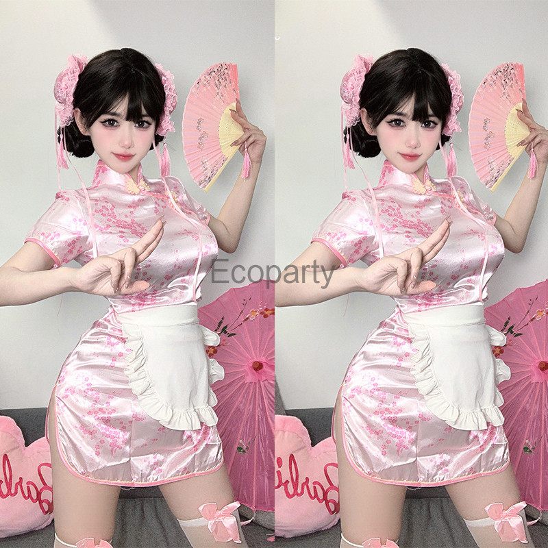Women Sexy Cheongsam Chinese Kung Fu Little Chef Cosplay Costume Cute Pink Short Sleeve Improved