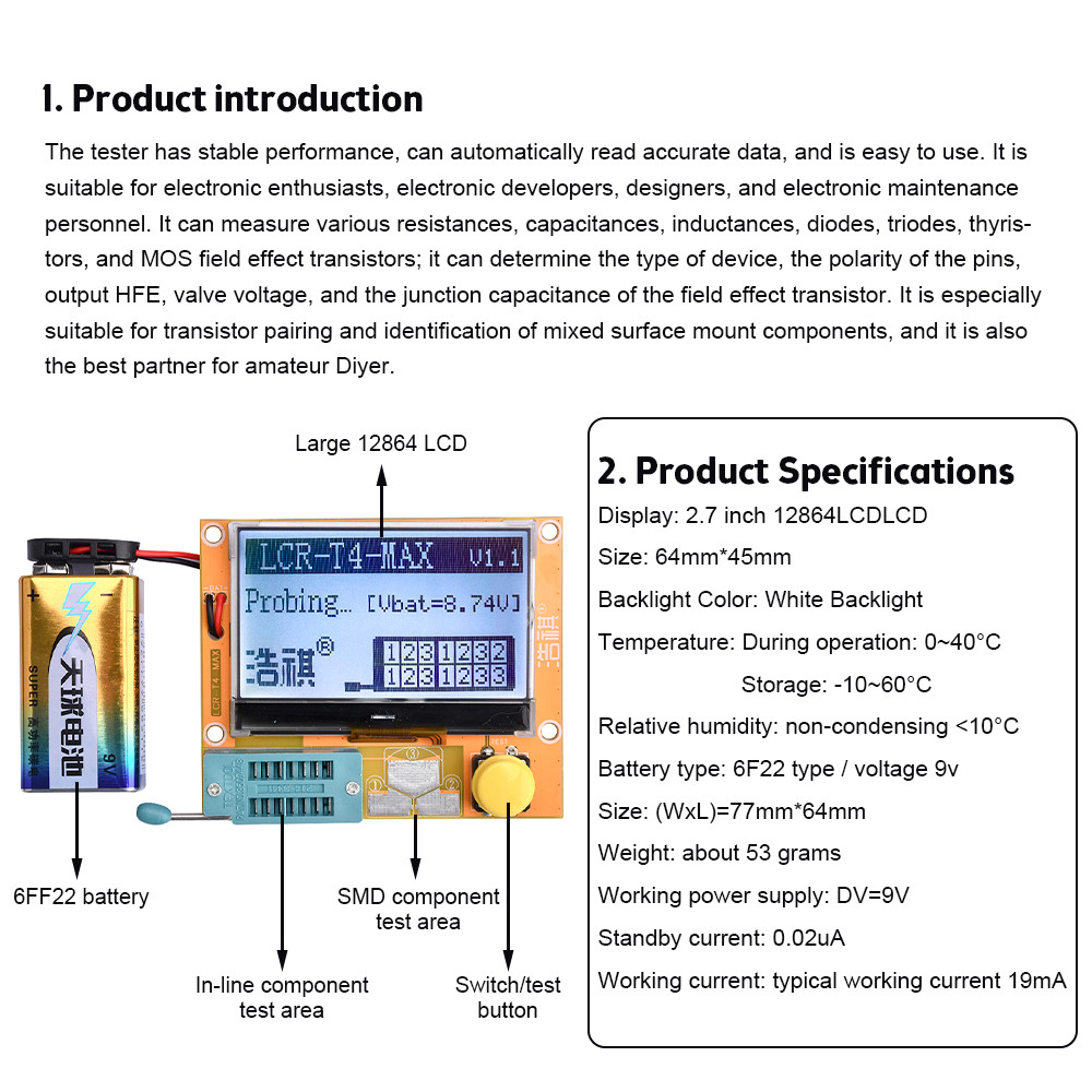 LCR-T4-MAX LCR-T4-MINI-Z TRANSISTOR TESTER LCR DIODE CAPACITANCE VOLTAGE METER NPN PNP TFT GRAPHIC